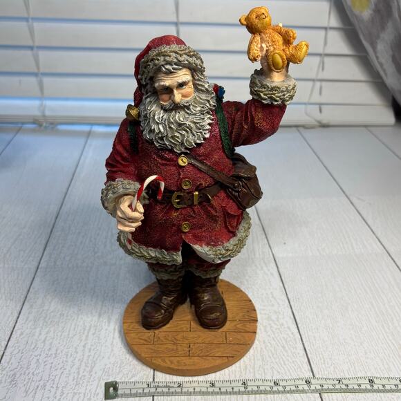 Santa Claus Figurine Holding Candy Cane & Teddy Bear  Holiday Decor - Picture 10 of 12